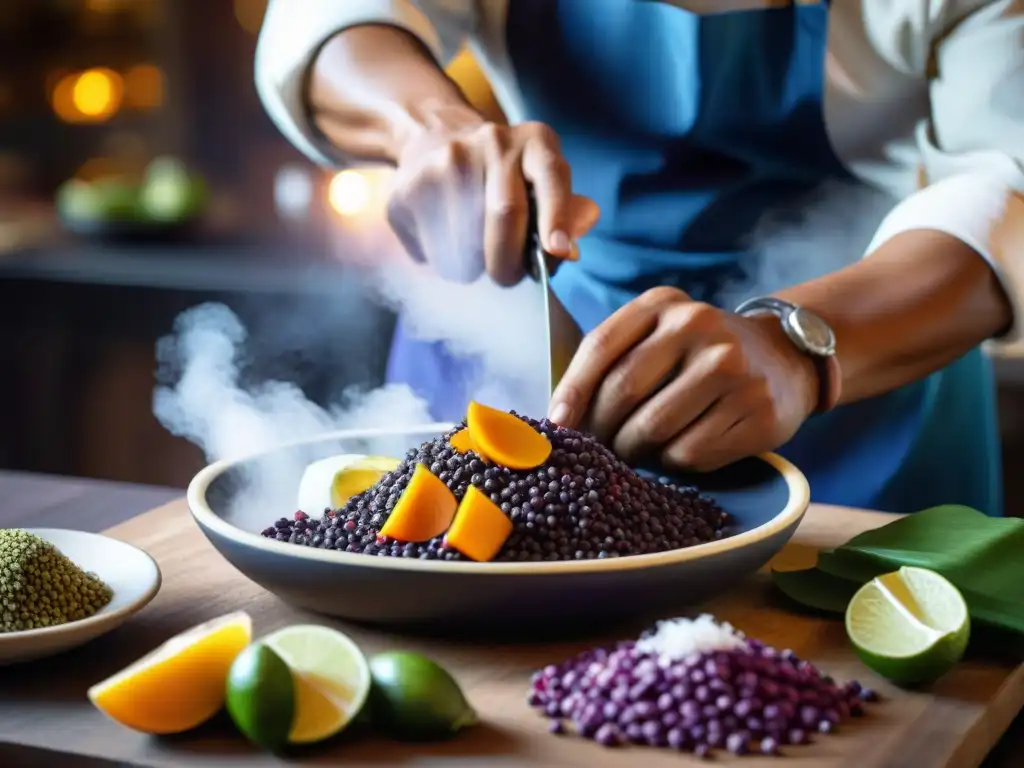 Chef peruano preparando plato tradicional con ingredientes autóctonos