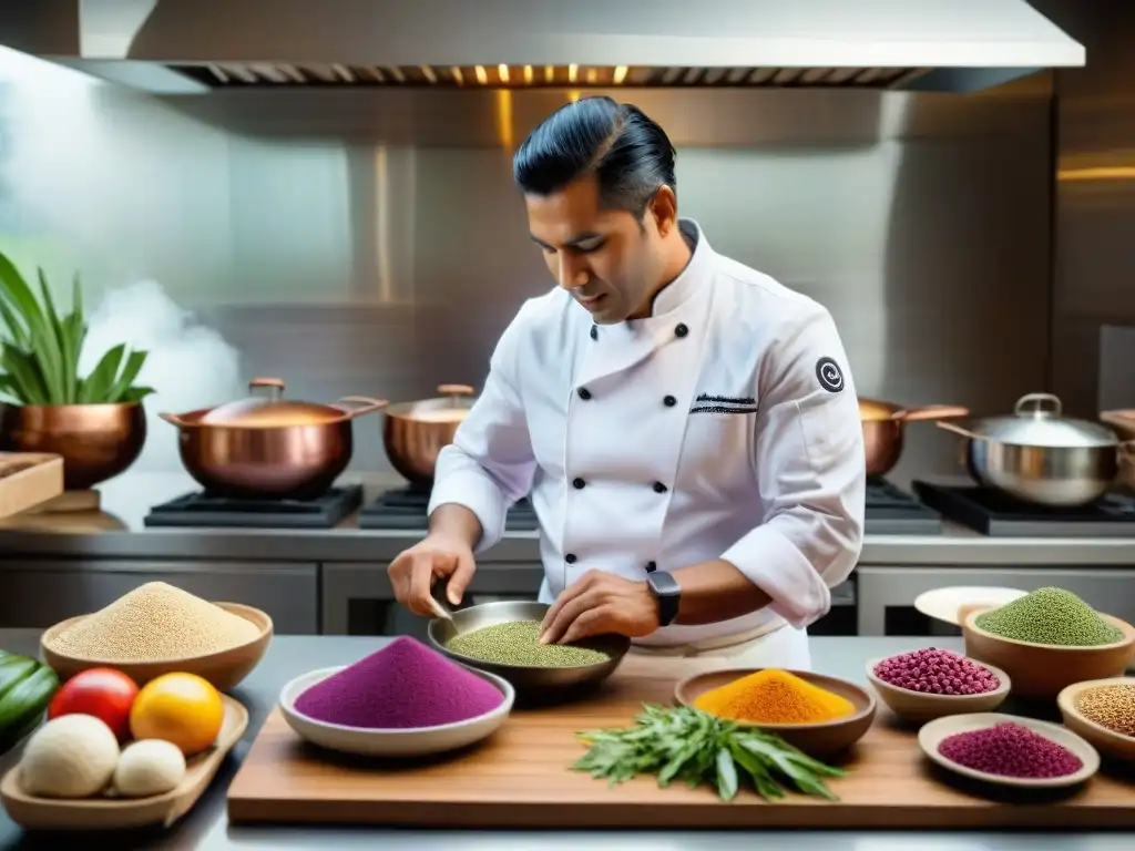 Un chef peruano preparando un plato tradicional en una cocina moderna, destacando la sostenibilidad y la vanguardia culinaria de Perú