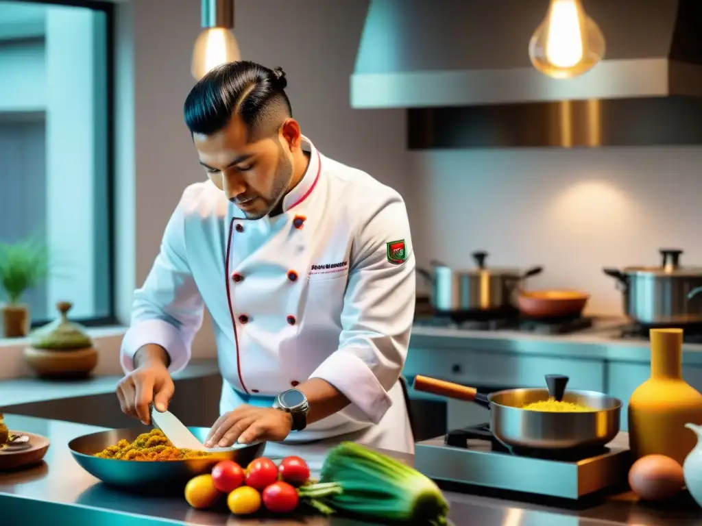 Un chef peruano preparando un plato tradicional con técnicas culinarias peruanas contemporáneas en una cocina moderna