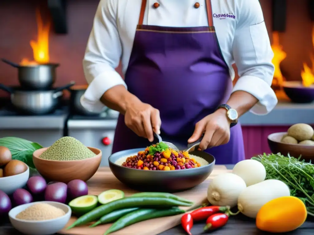 Un chef peruano preparando un plato tradicional rodeado de ingredientes vibrantes