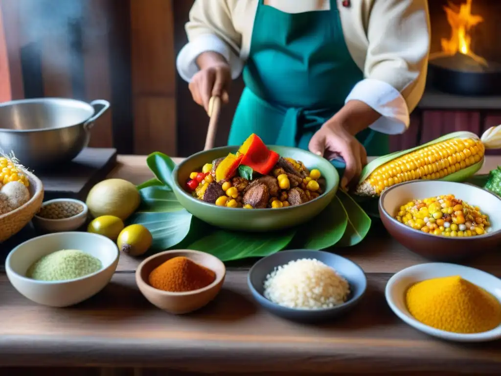 Chef peruano preparando plato tradicional con mote