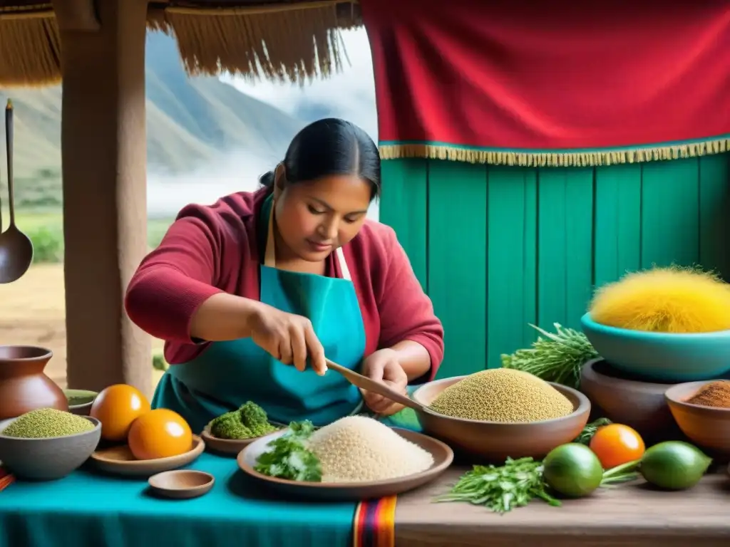 Chef peruano preparando plato tradicional quinua atamalada Perú en cocina andina