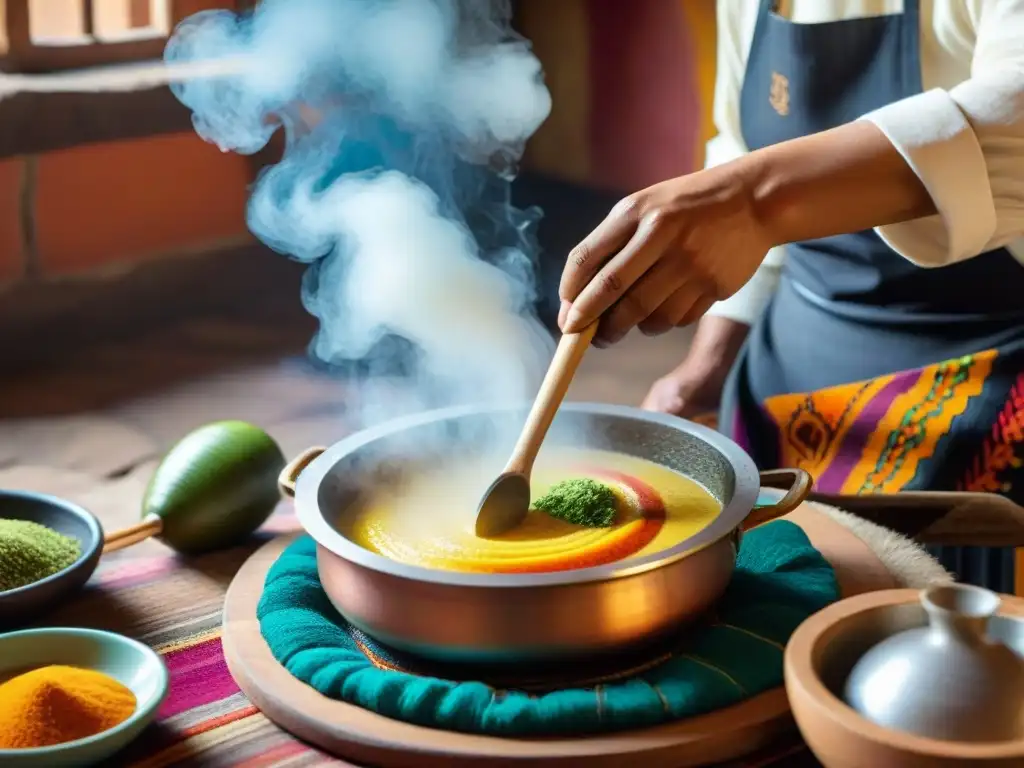 Un chef peruano prepara con maestría un plato tradicional quinua atamalada en una cocina acogedora