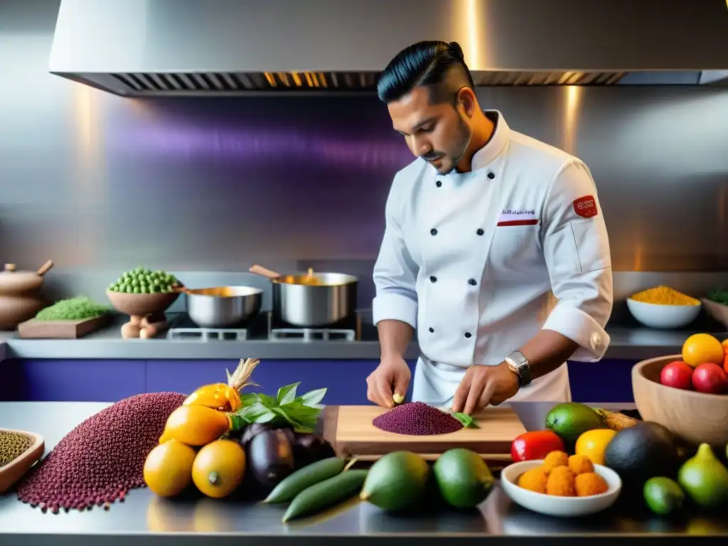 Chef peruano preparando plato tradicional con ingredientes autóctonos en cocina moderna