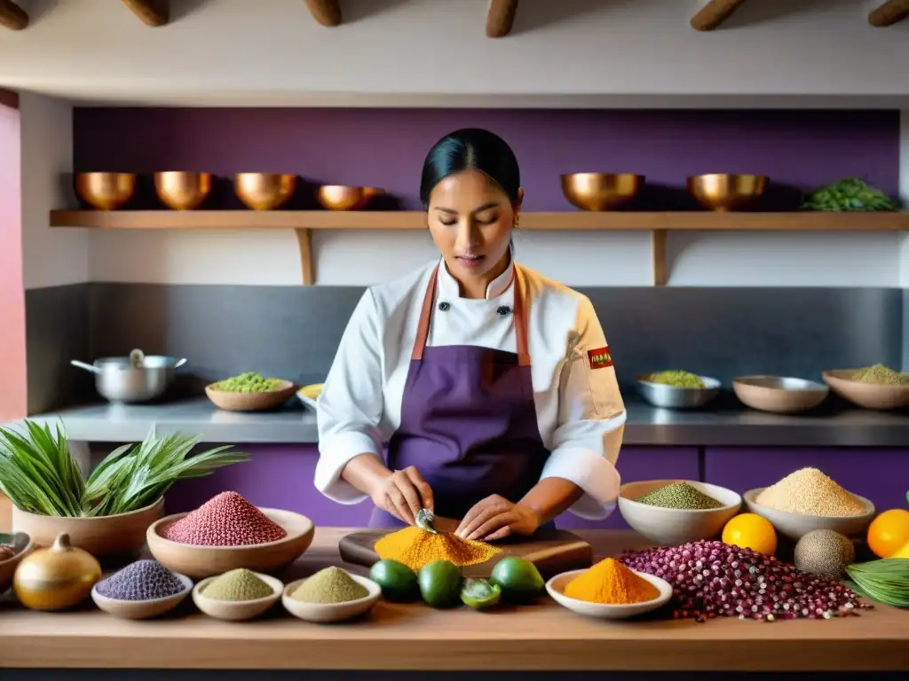 Un chef peruano preparando plato tradicional rodeado de vibrantes ingredientes autóctonos en cocina peruana