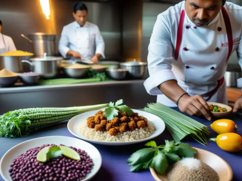 Un chef peruano prepara plato tradicional rodeado de ingredientes autóctonos, destacando la riqueza gastronómica de Perú