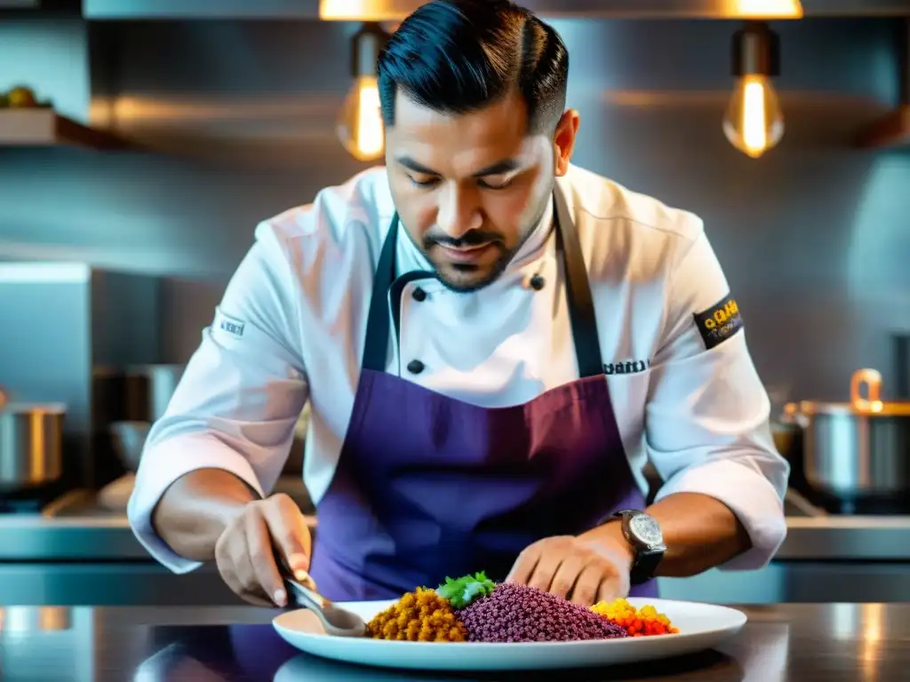 Chef peruano preparando plato tradicional con ingredientes autóctonos en cocina moderna