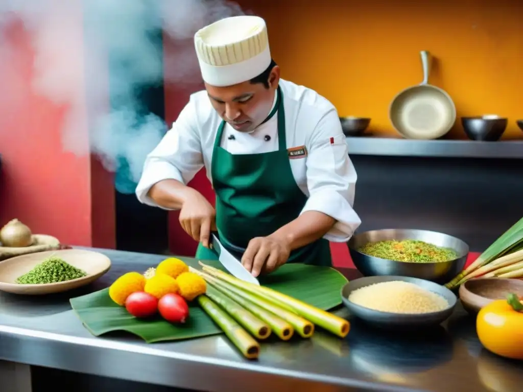 Un chef peruano preparando un plato tradicional con caña verde en vibrantes colores y expresión concentrada, en una cocina auténtica