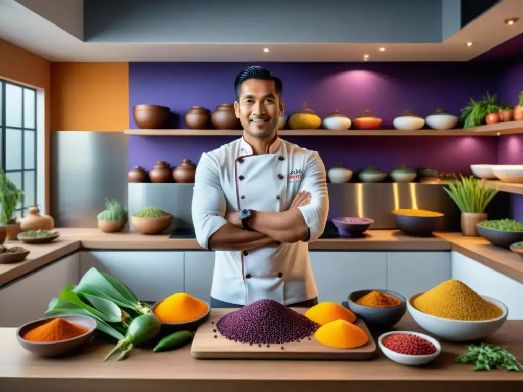 Un chef peruano preparando un plato tradicional con ingredientes autóctonos en una cocina moderna