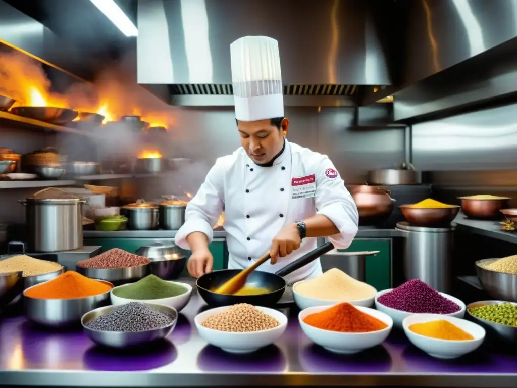 Chef peruano preparando plato tradicional entre ingredientes peruanos, reflejando fusión de tradición e innovación en gastronomía global