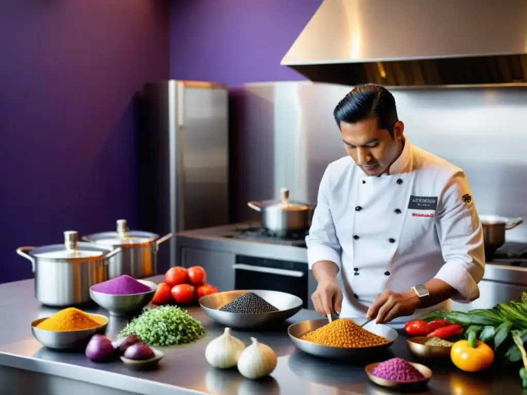 Un chef peruano preparando plato tradicional en cocina moderna