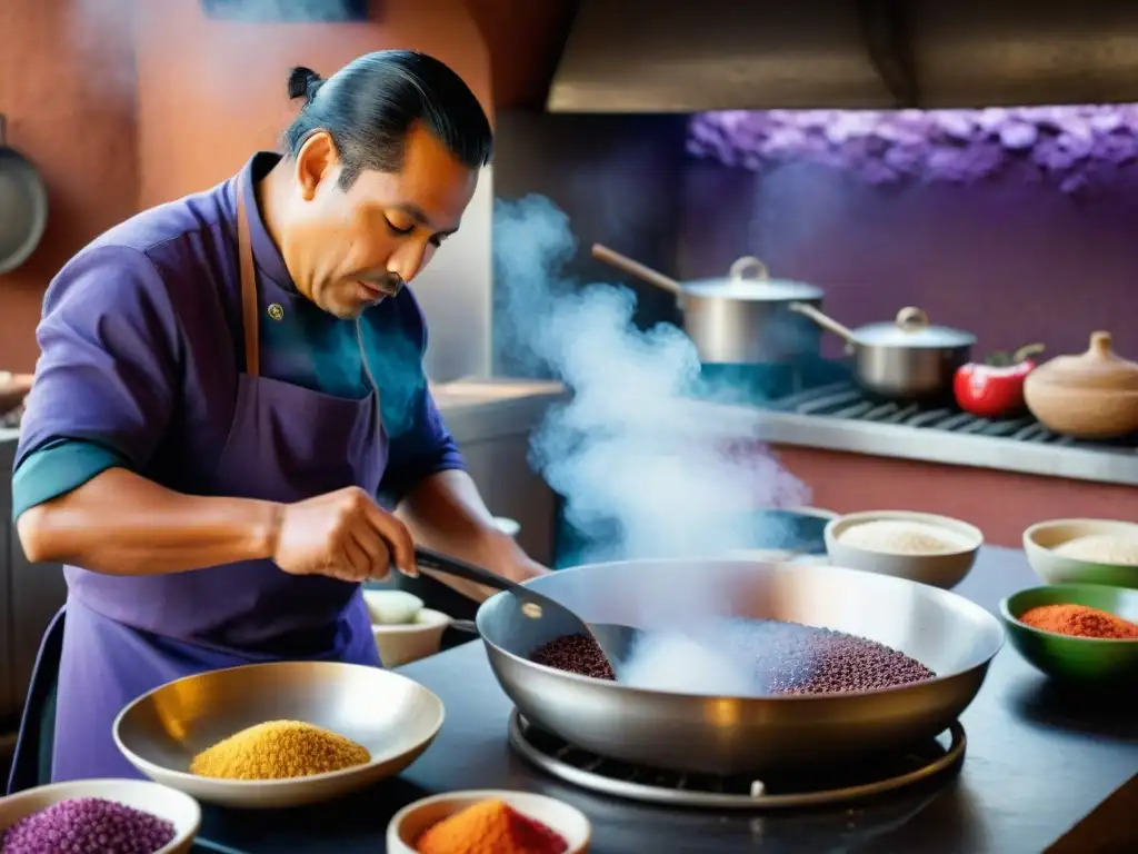 Chef peruano elaborando plato tradicional entre ingredientes frescos