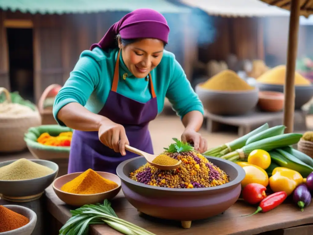 Un chef peruano preparando plato tradicional con quinoa y aji amarillo en mercado local