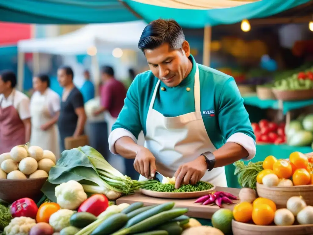 Chef peruano preparando plato tradicional con ingredientes sostenibles en mercado vibrante