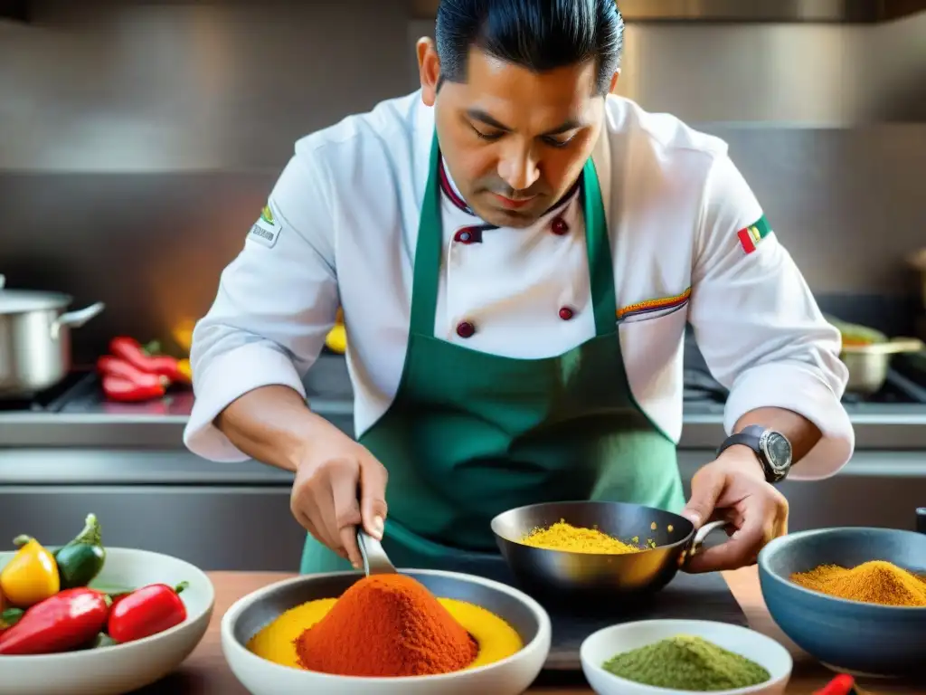 Un chef peruano prepara con maestría un plato tradicional entre ingredientes autóctonos, en una cocina vibrante de colores y sabores peruanos