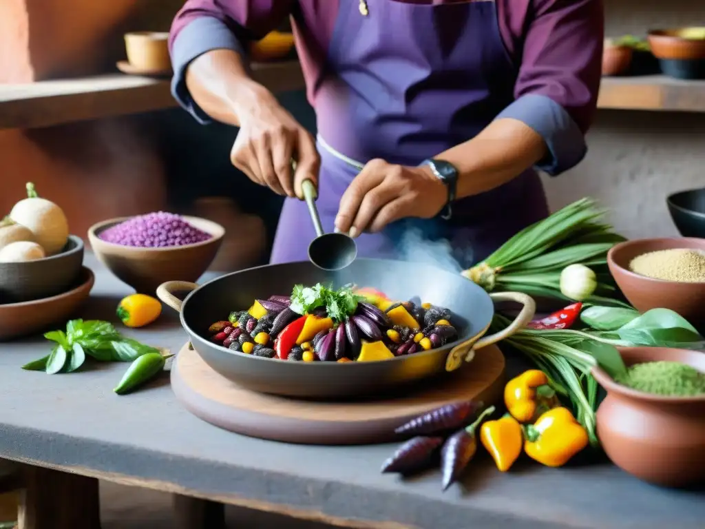 Un chef peruano prepara plato tradicional en cocina rústica con ingredientes coloridos