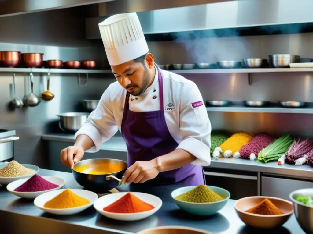 Chef peruano preparando plato tradicional en cocina vibrante, conservando la cultura gastronómica