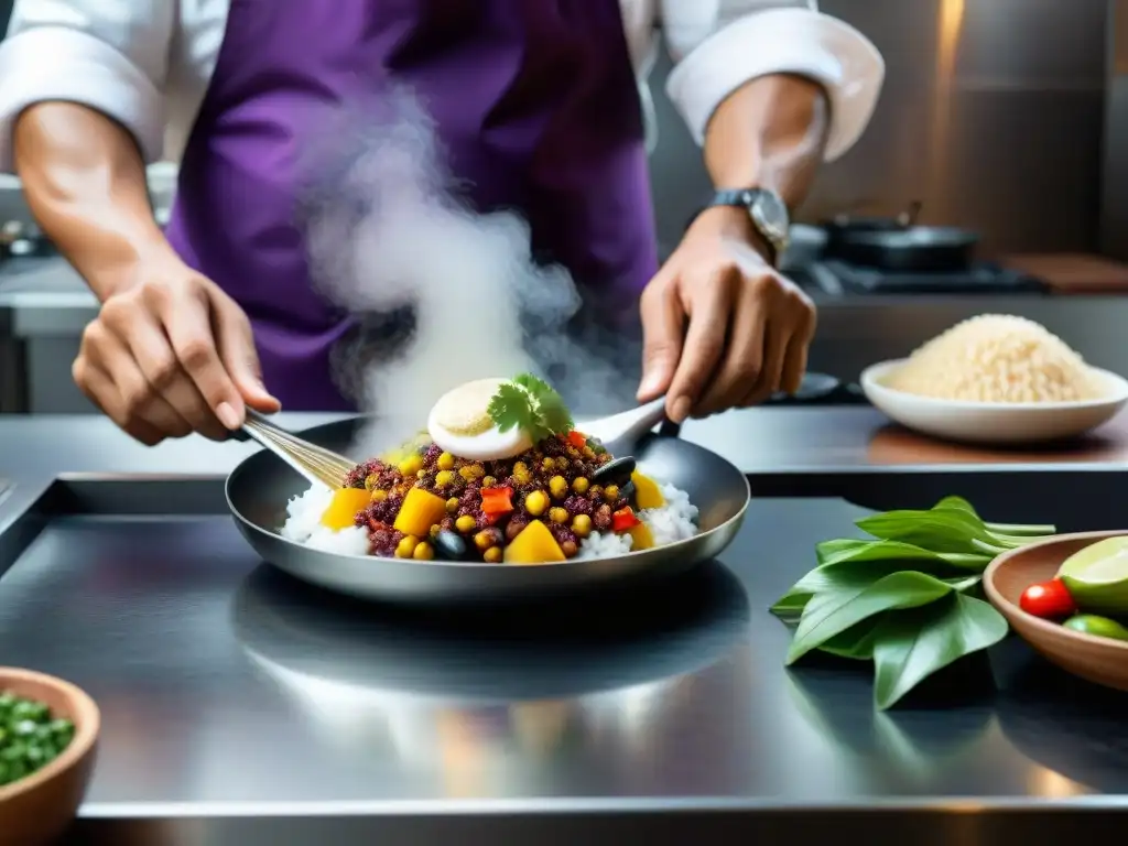 Un chef peruano preparando un plato tradicional con ingredientes autóctonos en cocina moderna