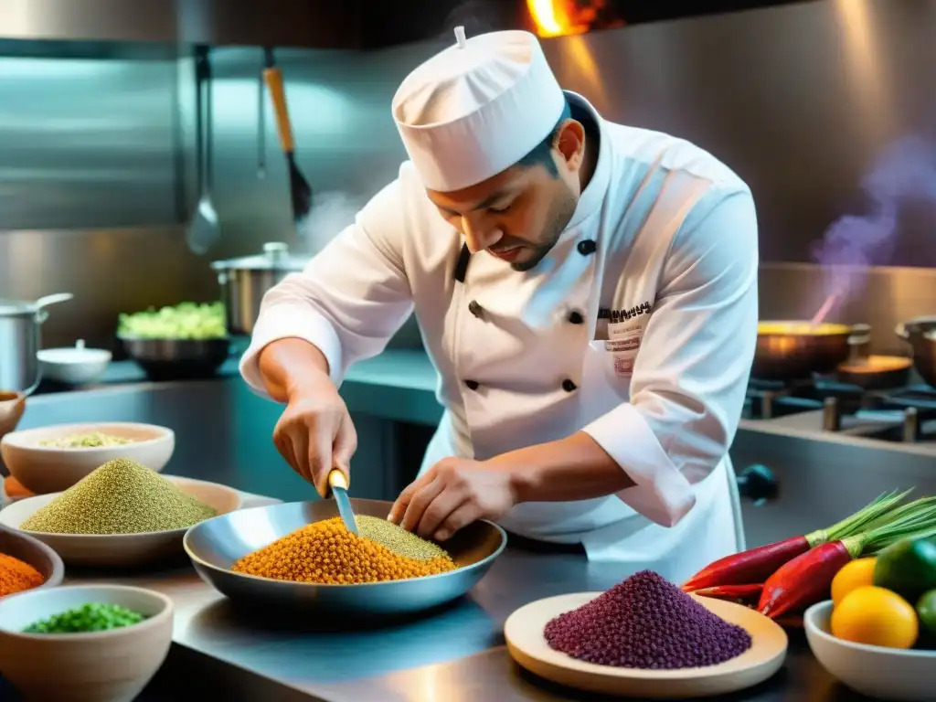 Un chef peruano preparando plato tradicional, fusionando técnica moderna con métodos ancestrales