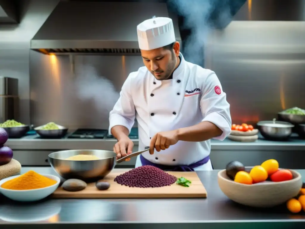 Un chef peruano prepara un plato tradicional rodeado de ingredientes autóctonos en una cocina bulliciosa