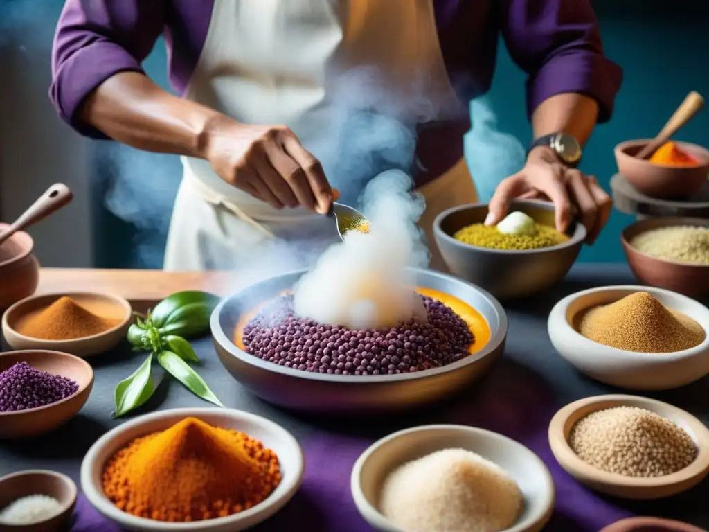 Un chef peruano prepara un plato tradicional con ingredientes autóctonos en una cocina llena de historia y sabiduría