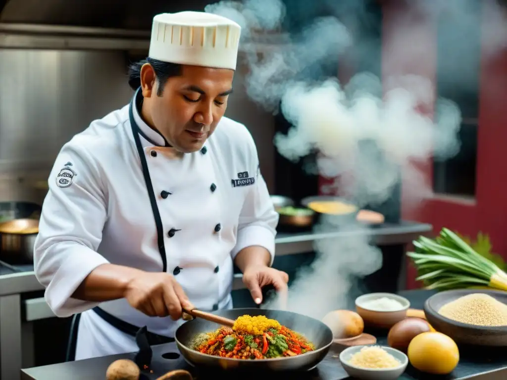 Un chef peruano preparando un plato tradicional con quinoa, papas y ají, mostrando la influencia de ingredientes autóctonos en la gastronomía peruana