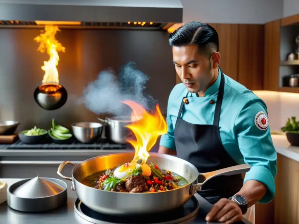 Un chef peruano flambeando un plato tradicional en una cocina moderna, con una botella de Pisco peruano en gastronomía mundial