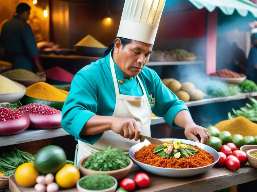 Chef peruano preparando plato tradicional con ingredientes locales en mercado vibrante