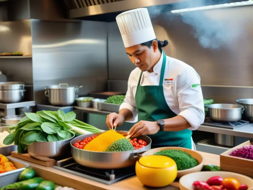 Chef peruano preparando plato tradicional con ingredientes autóctonos en cocina vibrante y sostenible