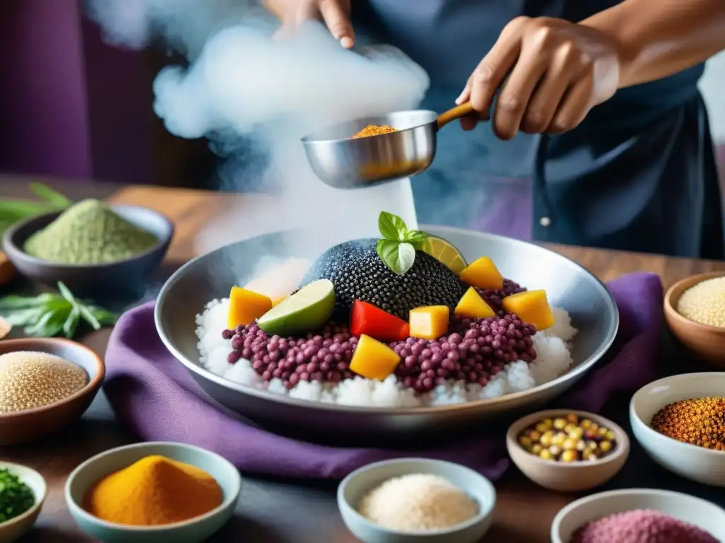 Un chef peruano preparando un plato tradicional rodeado de ingredientes autóctonos