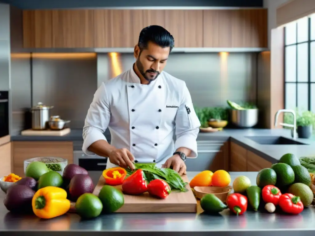 Chef peruano sostenible: pasión por la cocina y el planeta Chef peruano preparando plato tradicional en cocina moderna, rodeado de ingredientes frescos y coloridos