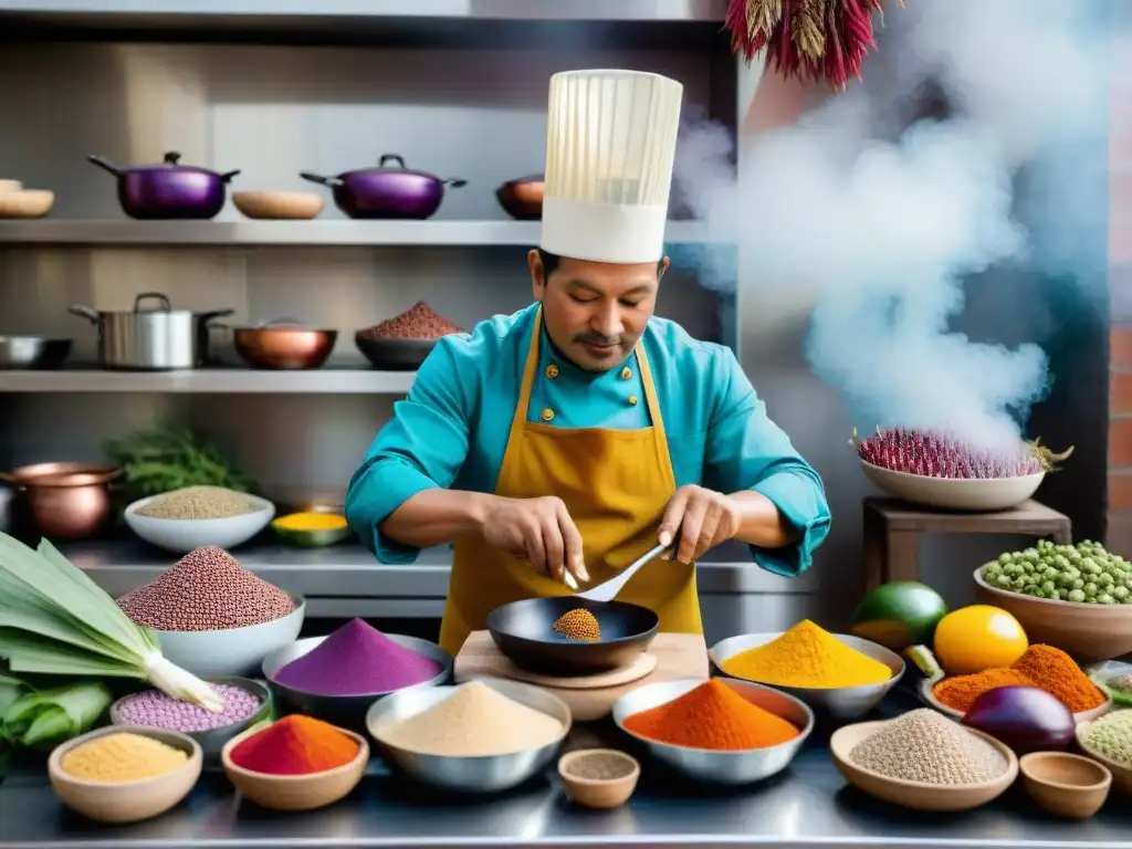 Chef peruano preparando plato tradicional rodeado de ingredientes autóctonos