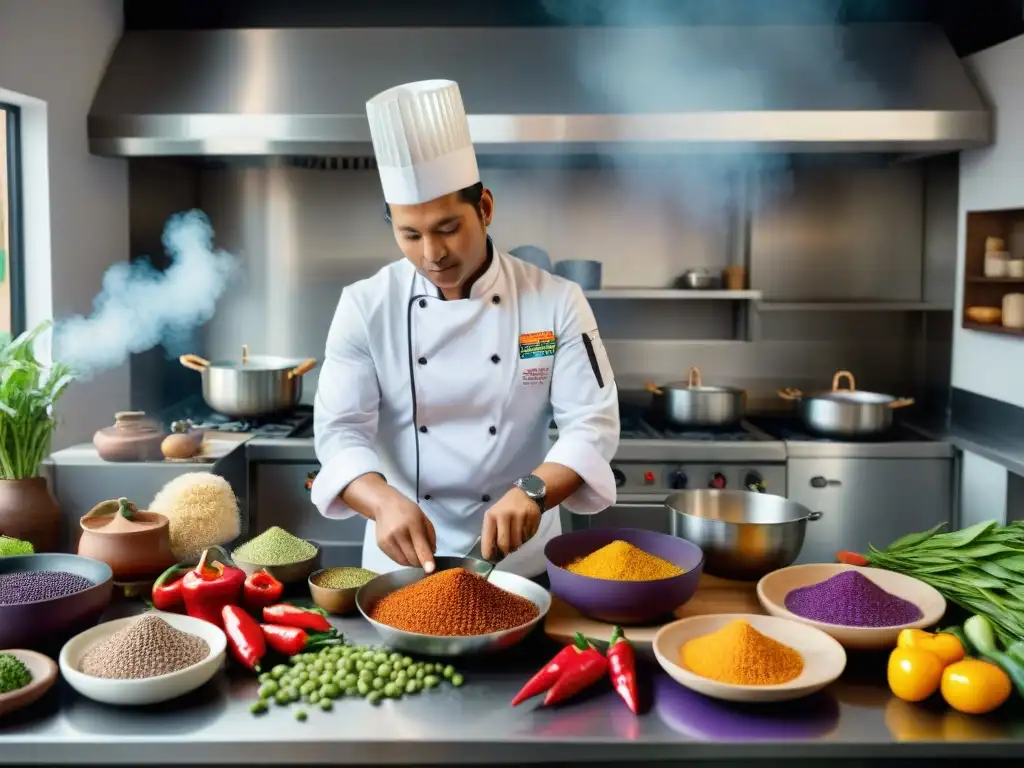 Chef peruano preparando plato tradicional rodeado de ingredientes locales frescos y coloridos