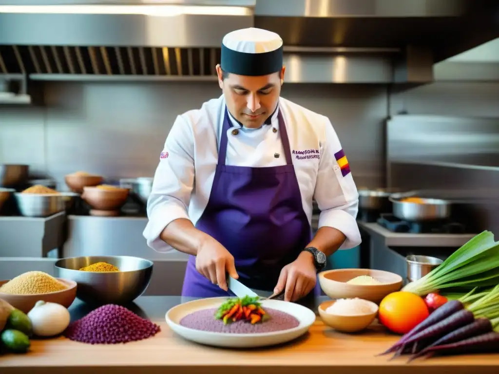 Chef peruano creando plato tradicional rodeado de ingredientes locales en cocina vibrante