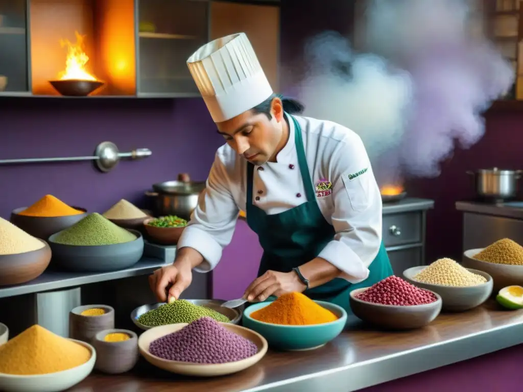 Chef peruano preparando plato tradicional rodeado de ingredientes autóctonos peruanos