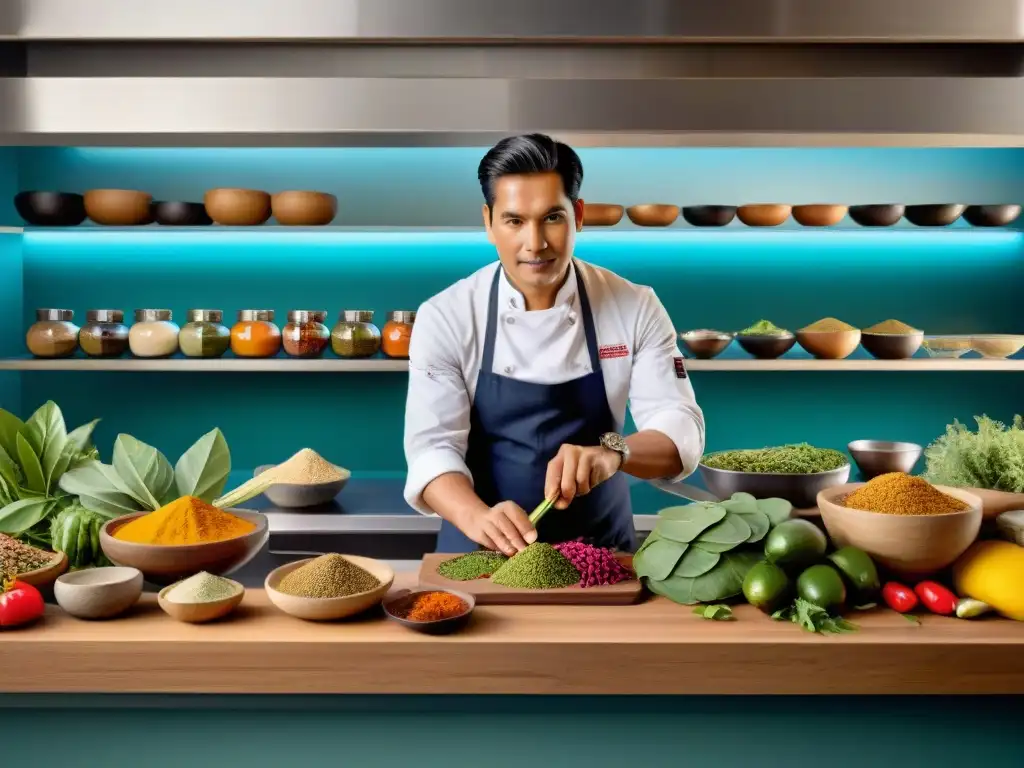 Chef peruano preparando plato tradicional con ingredientes autóctonos en cocina sostenible