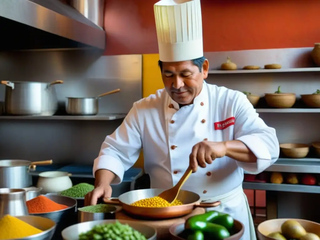 Chef peruano preparando plato tradicional en Arequipa, con ingredientes locales y utensilios de cocina