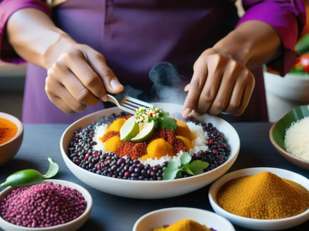 Un chef peruano preparando plato tradicional con ingredientes nativos en mercado vibrante