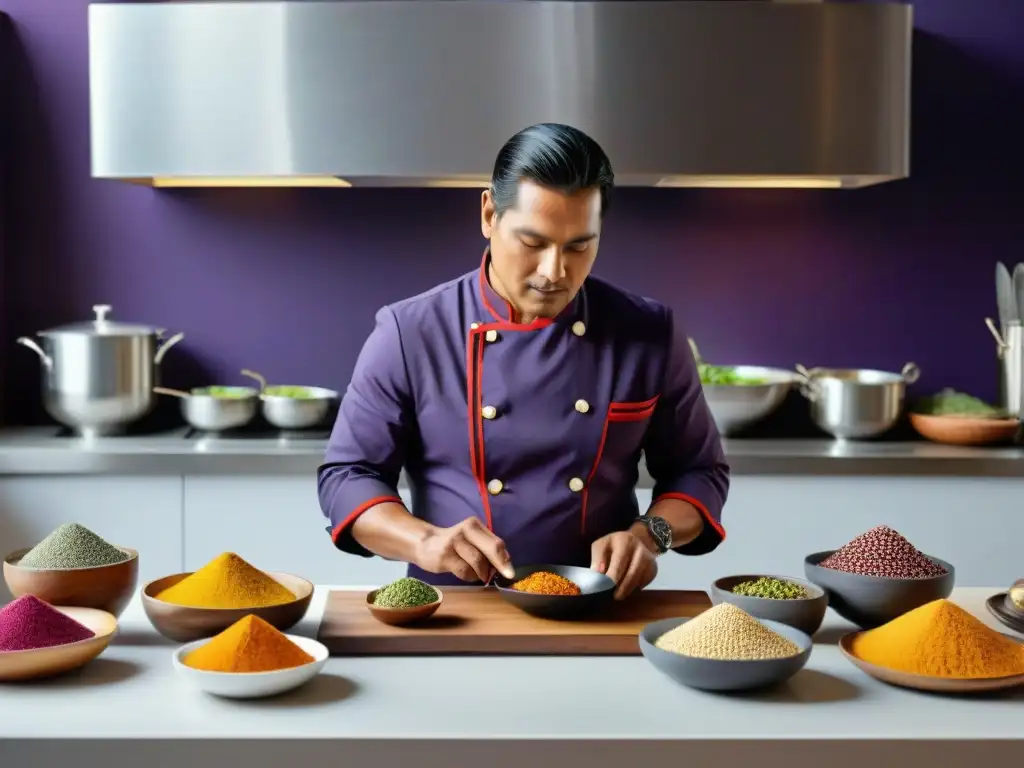 Un chef peruano preparando plato tradicional con ingredientes autóctonos en cocina moderna, fusionando técnicas antiguas y contemporáneas