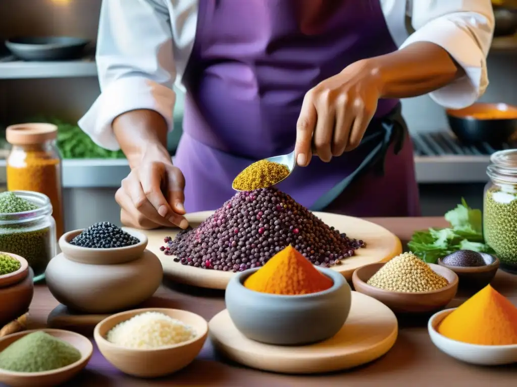 Chef peruano preparando plato tradicional con ingredientes autóctonos, mostrando arte y precisión en gastronomía peruana