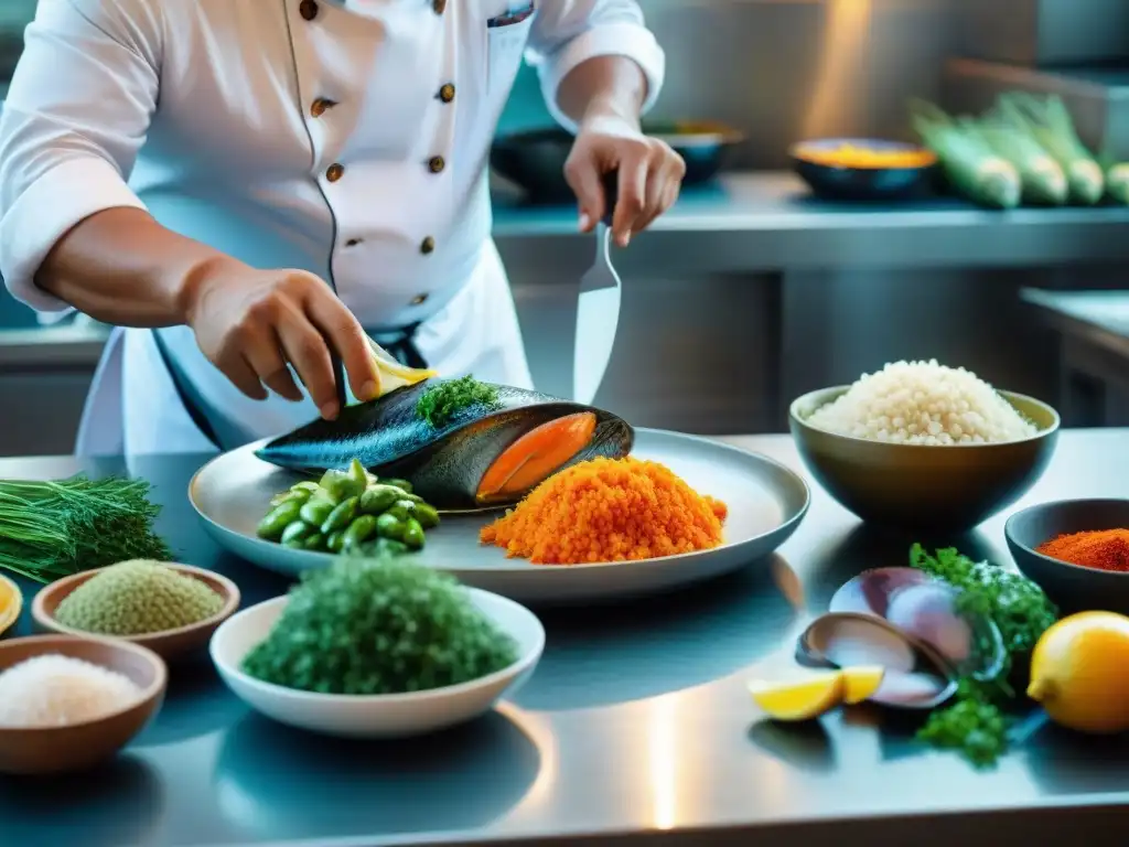 Un chef peruano preparando un plato tradicional de mariscos, con ingredientes frescos y coloridos