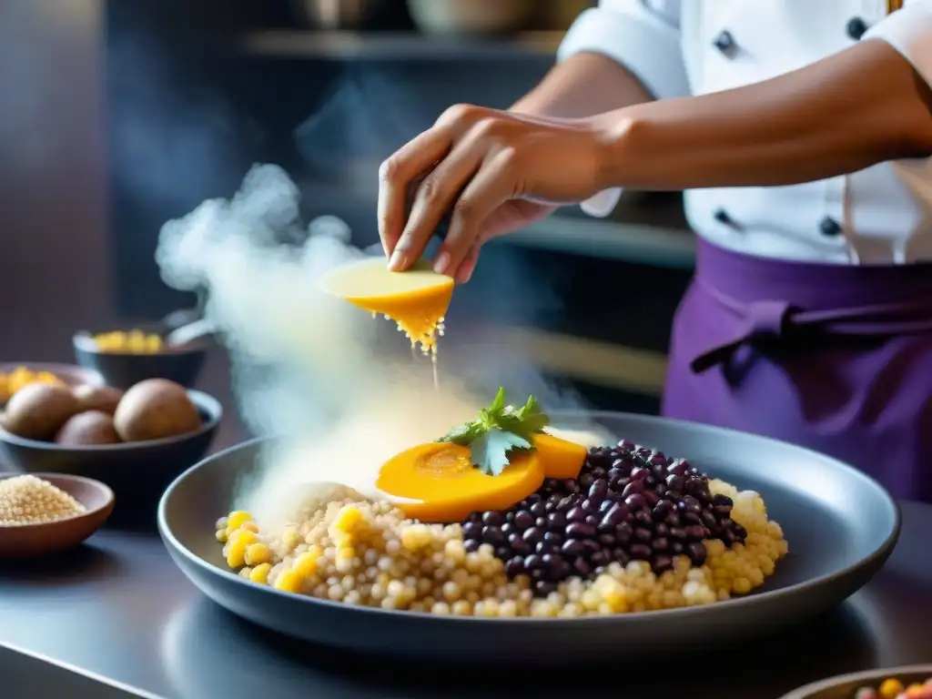 Un chef peruano prepara un plato tradicional con ingredientes autóctonos en una cocina moderna, fusionando tradición e innovación