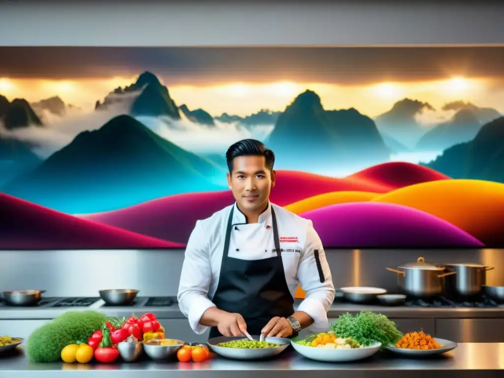 Un chef peruano prepara un plato de vanguardia en una moderna cocina, fusionando técnicas tradicionales