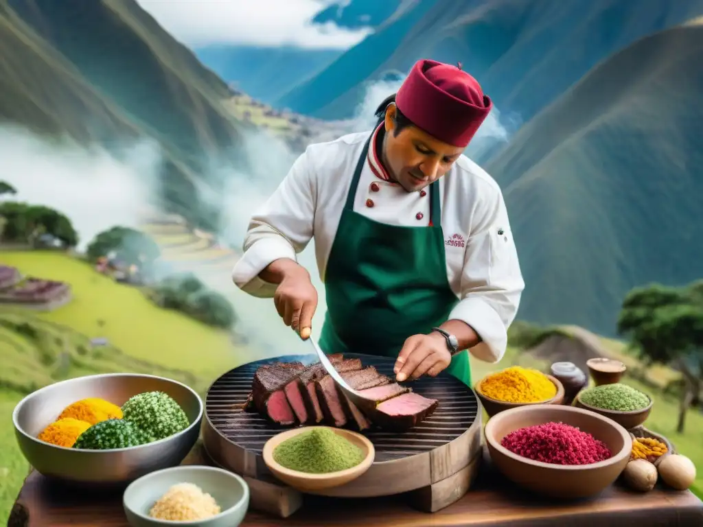 Un chef peruano preparando un plato de venado en un asado al aire libre, rodeado de paisajes andinos