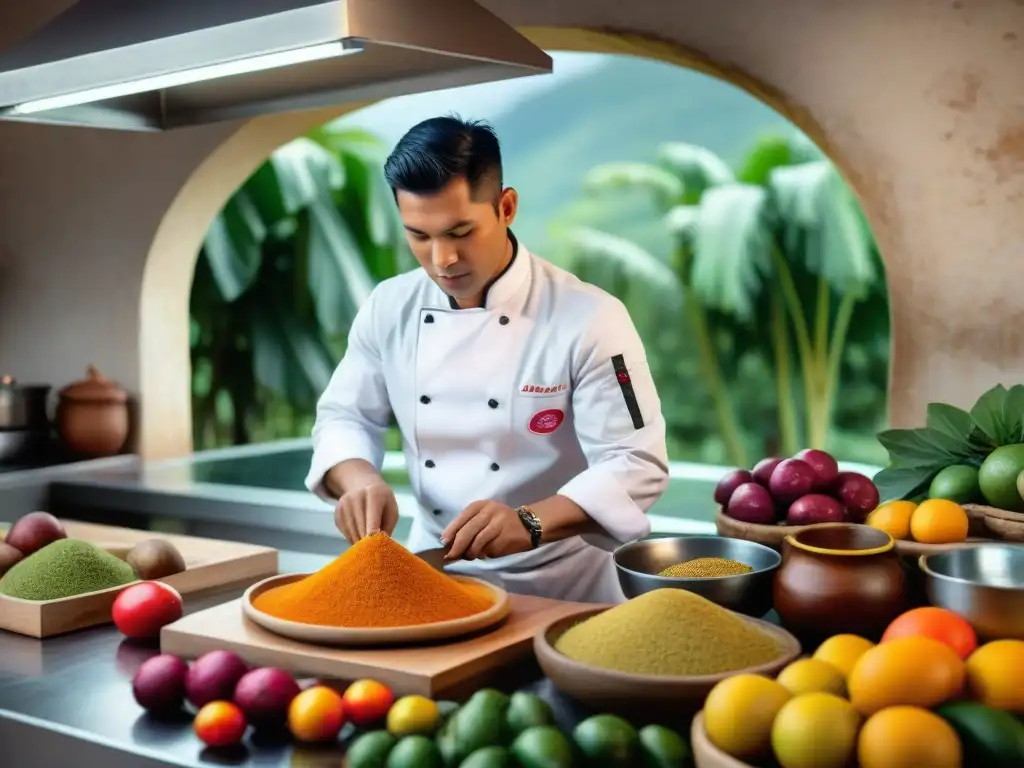 Un chef peruano prepara un plato vibrante con Camu Camu, resaltando los beneficios del camu camu peruano