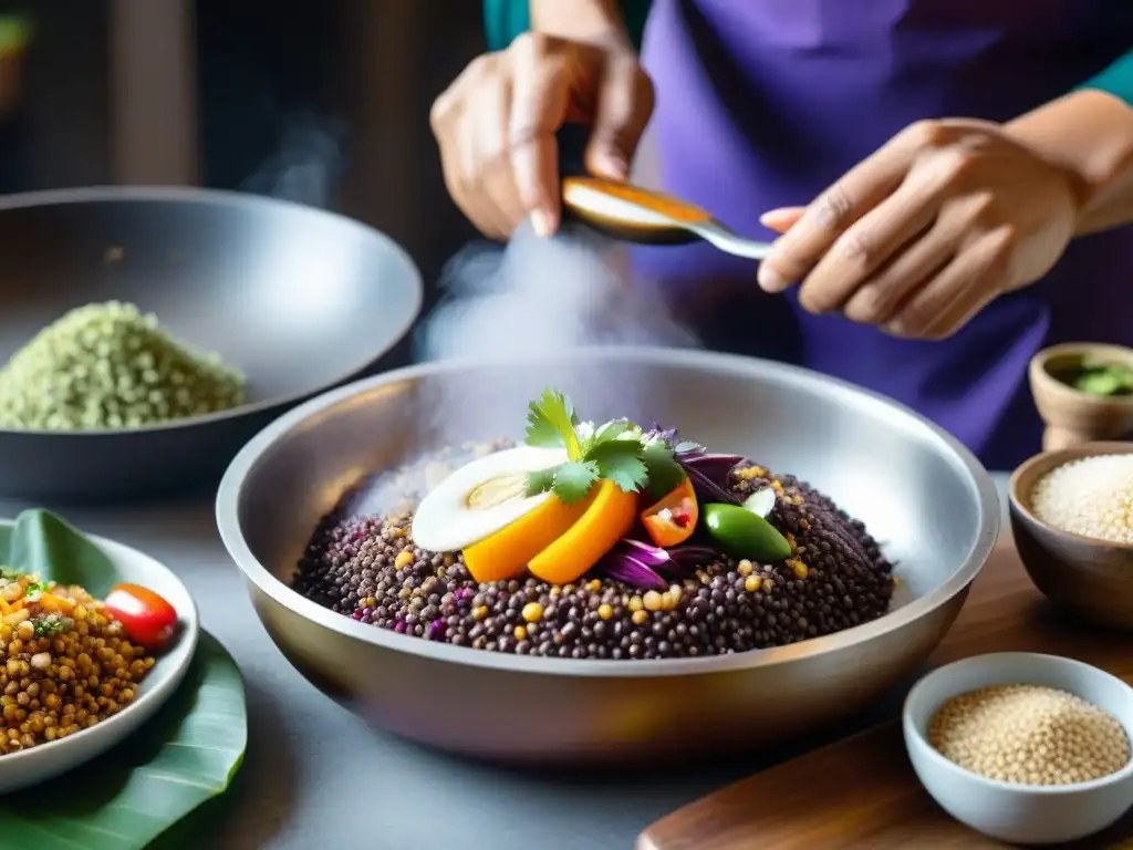 Un chef peruano preparando un plato vibrante con kiwicha, destacando los beneficios de la kiwicha peruana en la gastronomía