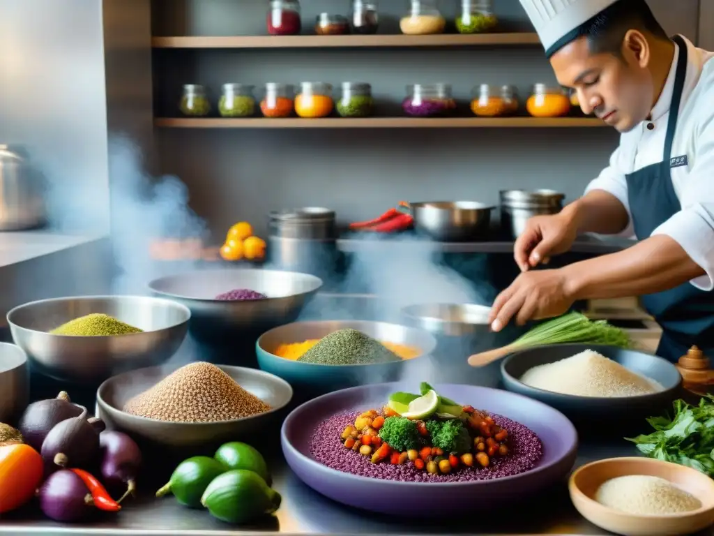 Un chef peruano prepara un plato vibrante con ingredientes autóctonos