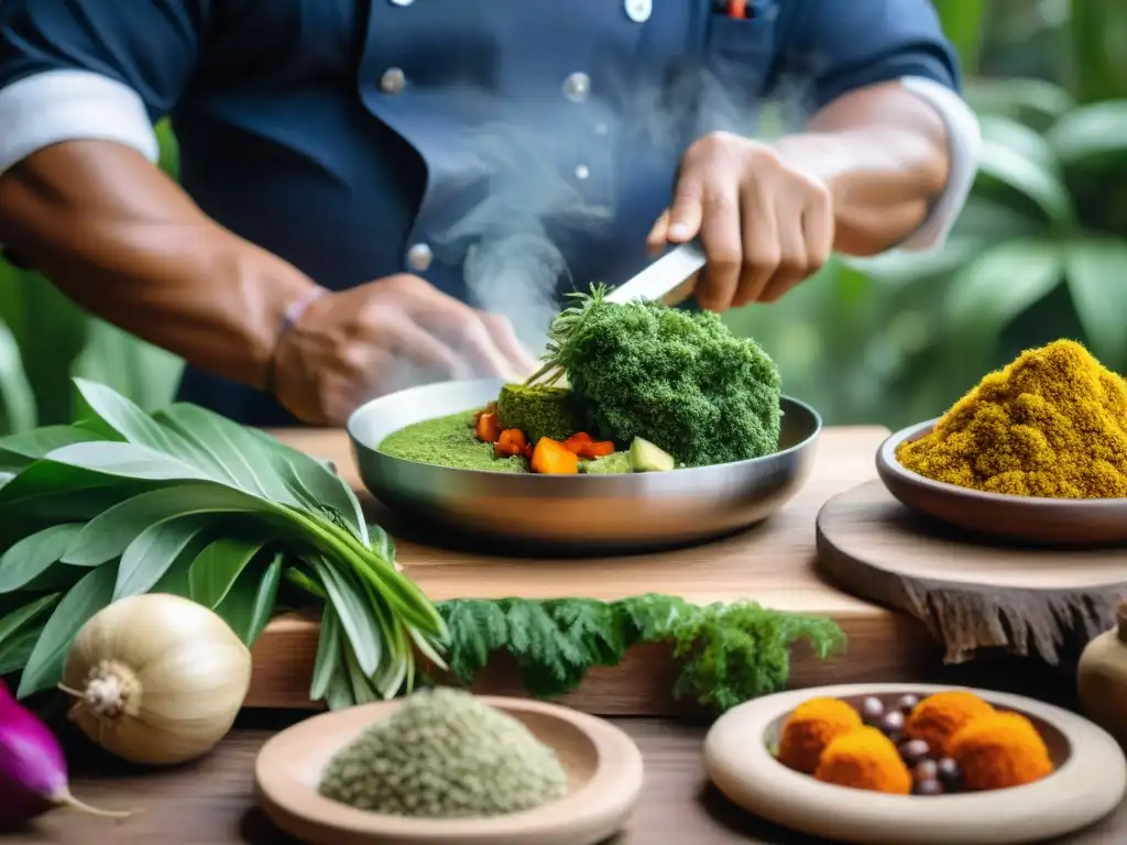 Un chef peruano preparando un plato vibrante con hierbas de la selva, fusionando tradición e innovación culinaria