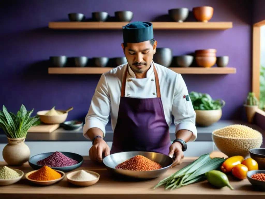 Chef peruano modernizando platos ancestrales en una cocina que fusiona tradición y modernidad