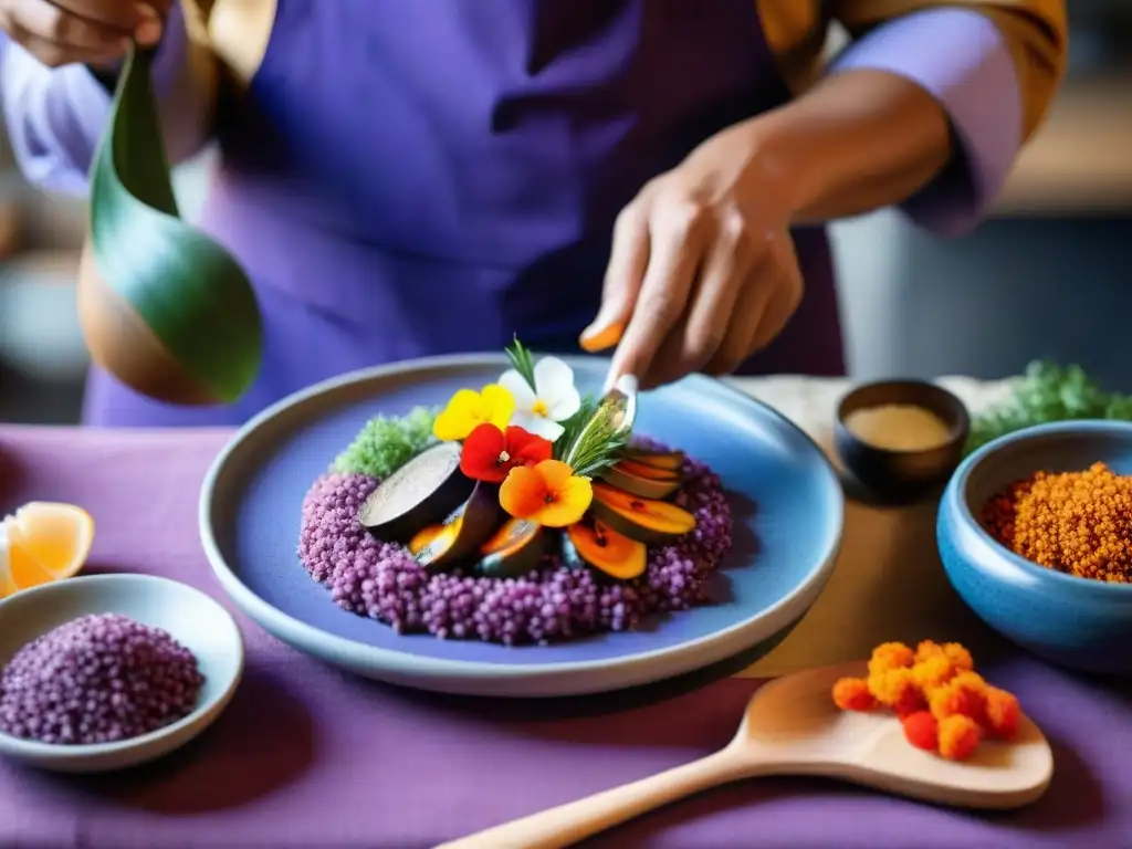 Un chef peruano prepara platos ancestrales en una cocina rústica con ingredientes frescos